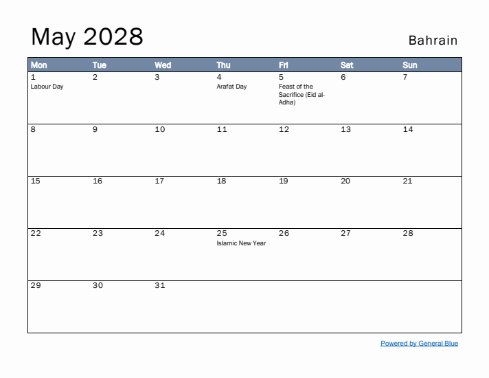 May 2028 Simple Monthly Calendar for Bahrain