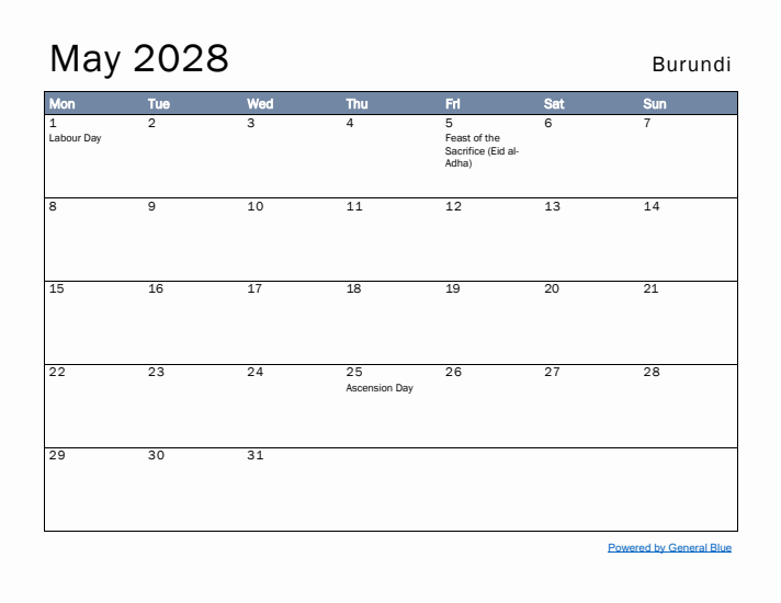 May 2028 Simple Monthly Calendar for Burundi