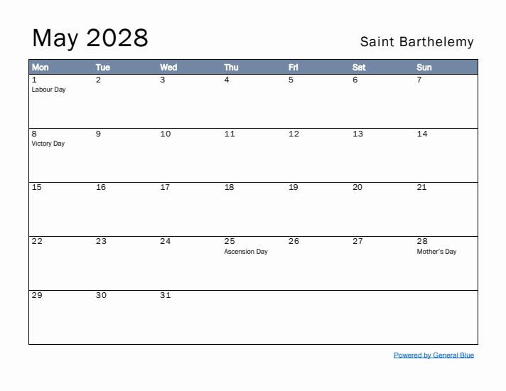 May 2028 Simple Monthly Calendar for Saint Barthelemy