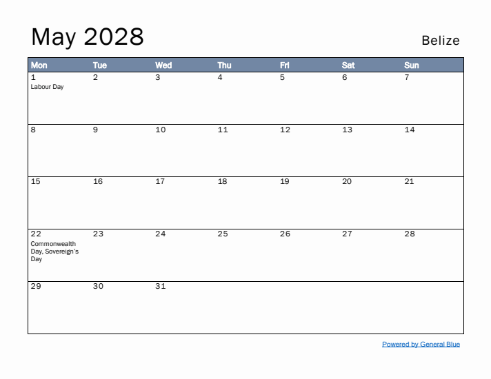 May 2028 Simple Monthly Calendar for Belize