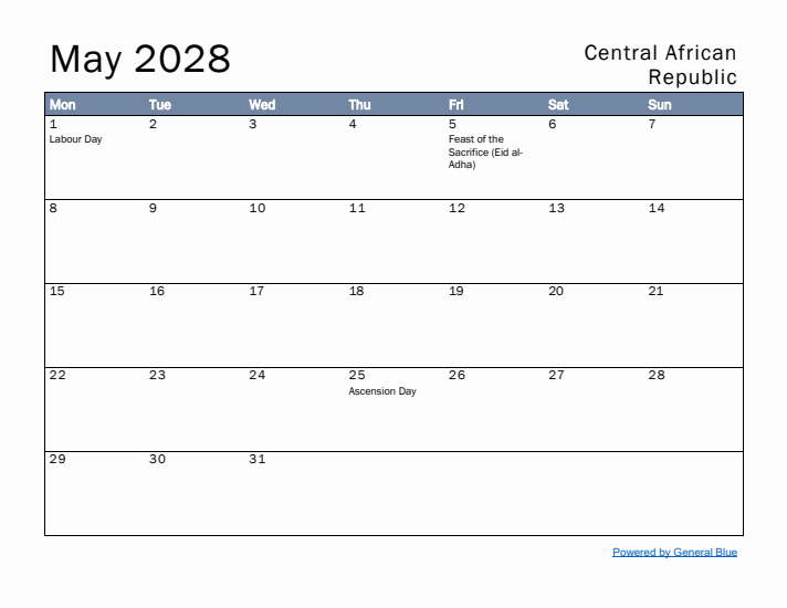 May 2028 Simple Monthly Calendar for Central African Republic