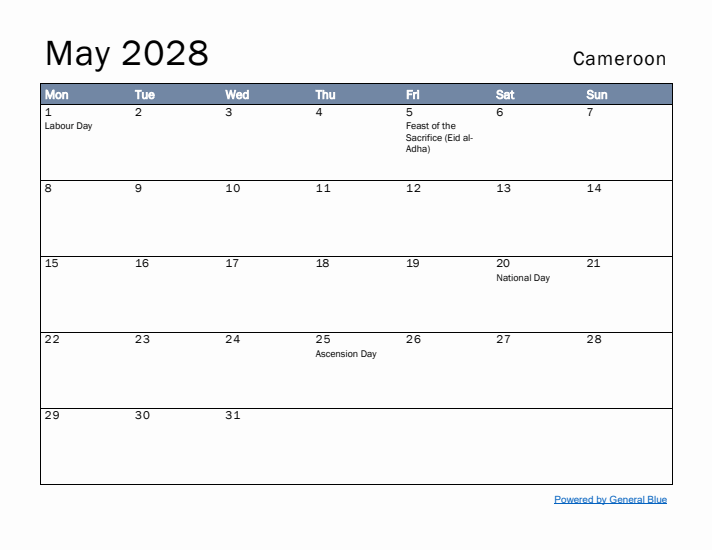 May 2028 Simple Monthly Calendar for Cameroon