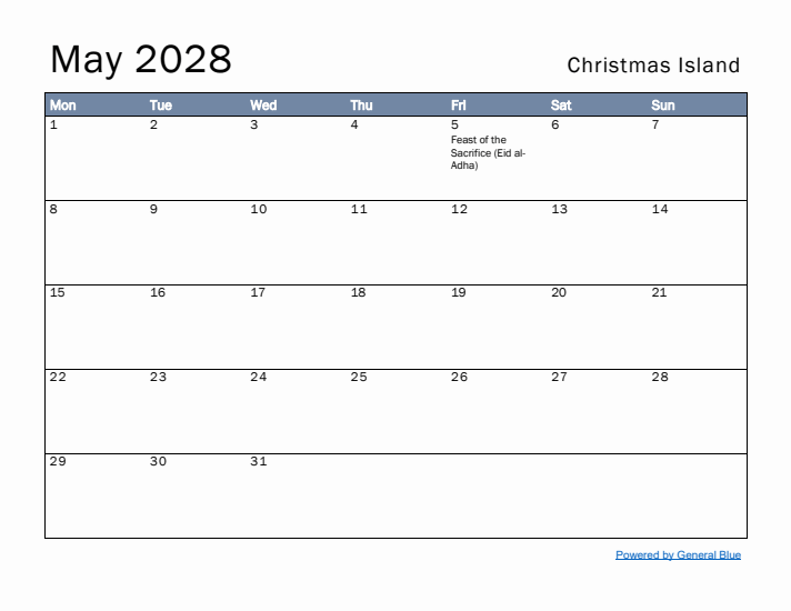 May 2028 Simple Monthly Calendar for Christmas Island