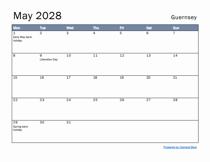 May 2028 Simple Monthly Calendar for Guernsey