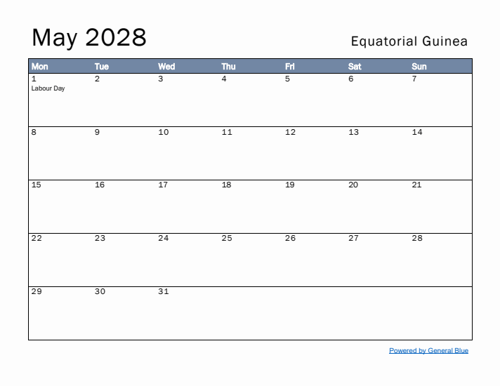 May 2028 Simple Monthly Calendar for Equatorial Guinea