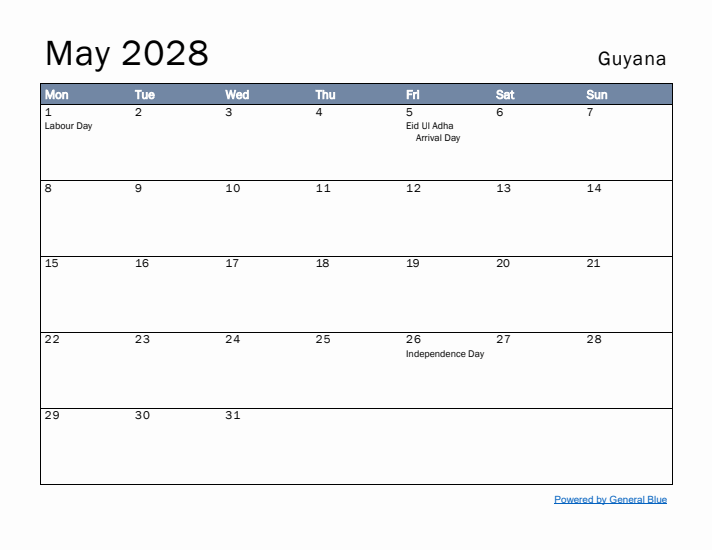 May 2028 Simple Monthly Calendar for Guyana