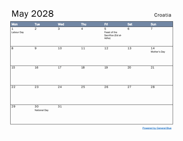 May 2028 Simple Monthly Calendar for Croatia