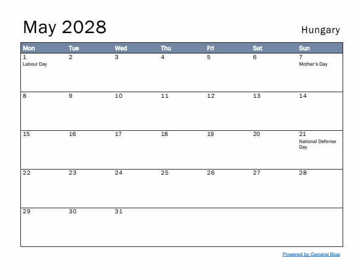 May 2028 Simple Monthly Calendar for Hungary