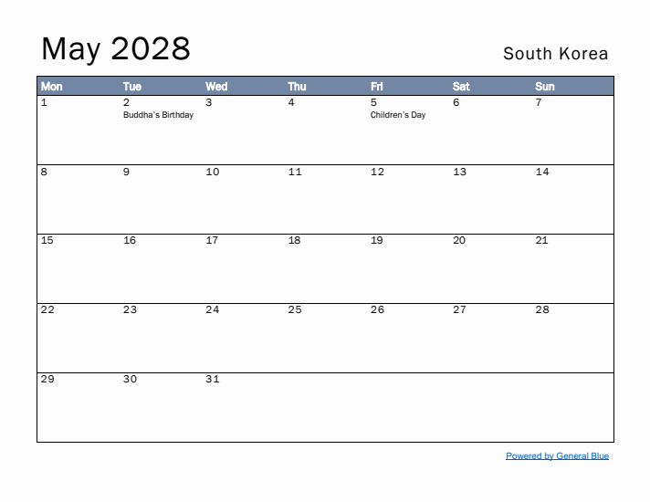 May 2028 Simple Monthly Calendar for South Korea