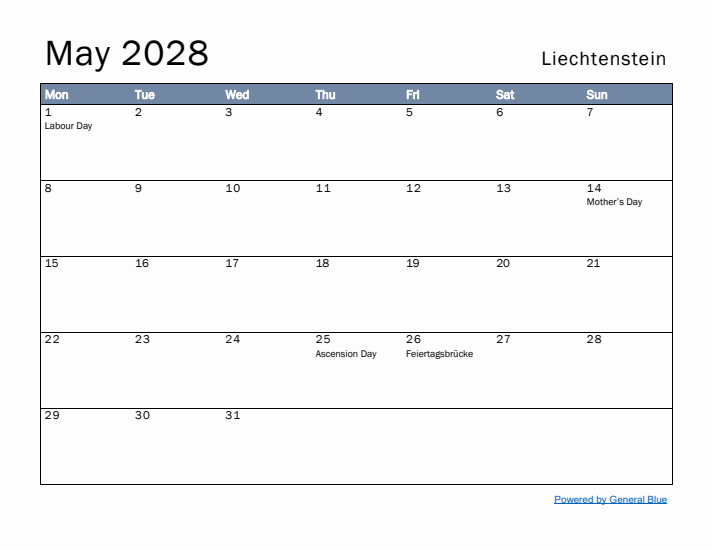 May 2028 Simple Monthly Calendar for Liechtenstein