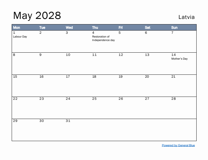 May 2028 Simple Monthly Calendar for Latvia