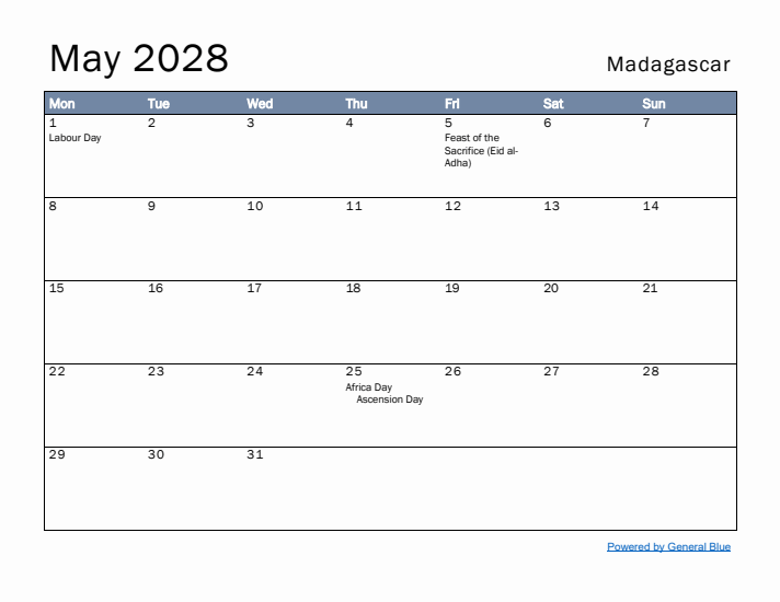 May 2028 Simple Monthly Calendar for Madagascar