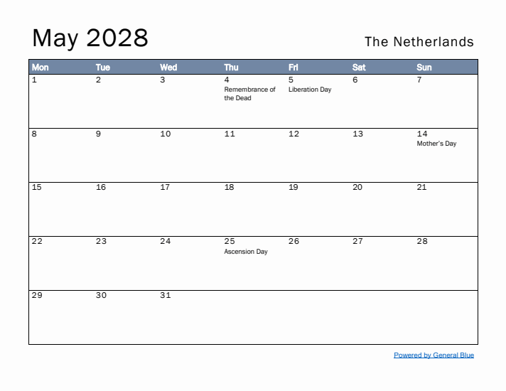 May 2028 Simple Monthly Calendar for The Netherlands