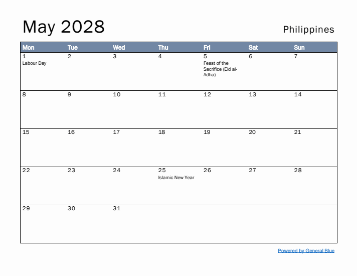 May 2028 Simple Monthly Calendar for Philippines