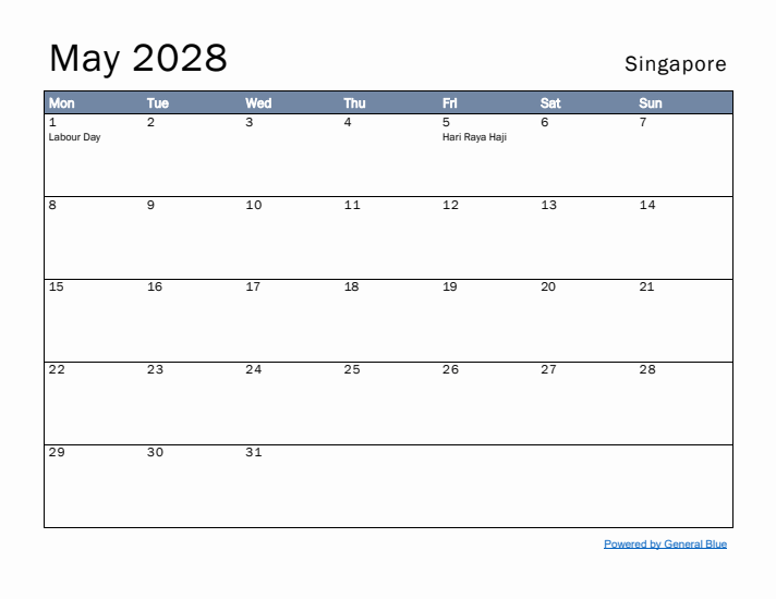 May 2028 Simple Monthly Calendar for Singapore