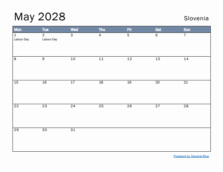 May 2028 Simple Monthly Calendar for Slovenia