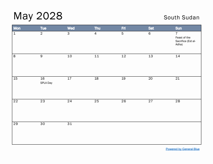 May 2028 Simple Monthly Calendar for South Sudan