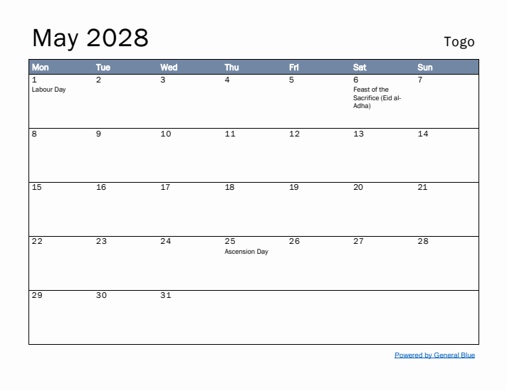 May 2028 Simple Monthly Calendar for Togo