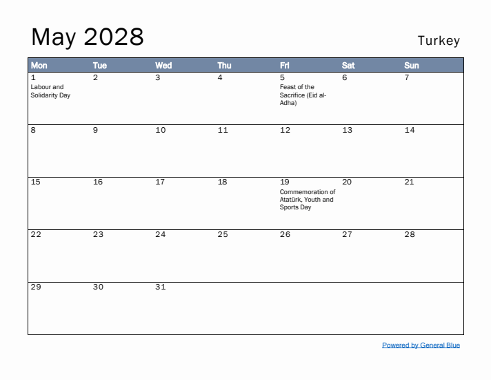 May 2028 Simple Monthly Calendar for Turkey