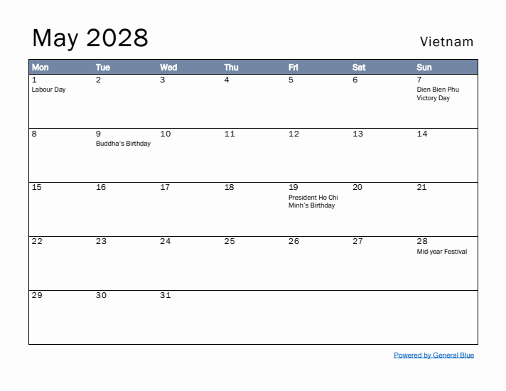 May 2028 Simple Monthly Calendar for Vietnam