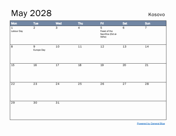 May 2028 Simple Monthly Calendar for Kosovo