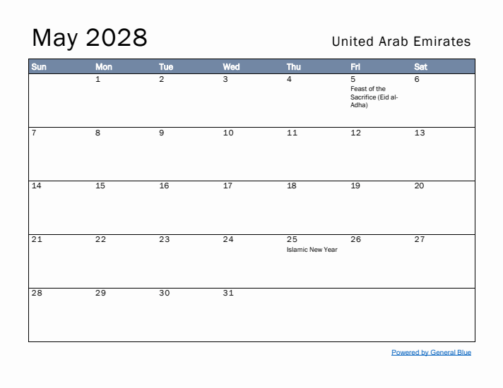 May 2028 Simple Monthly Calendar for United Arab Emirates