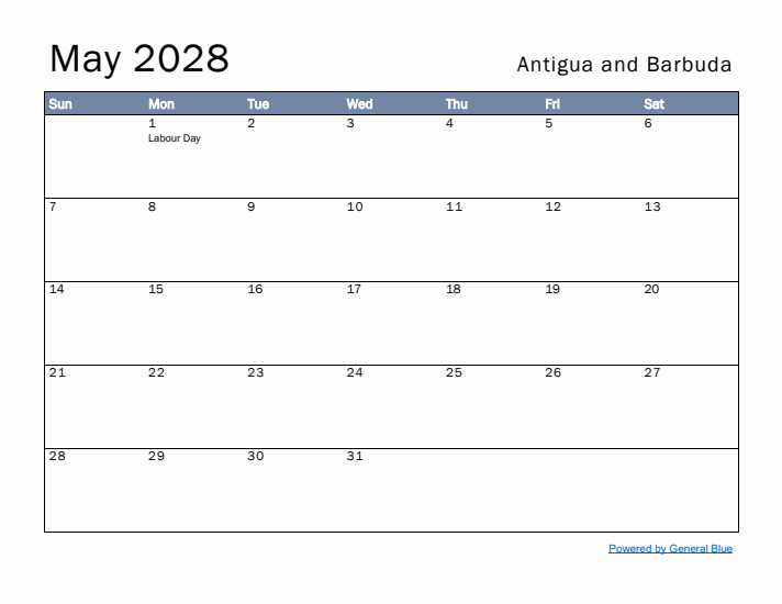 May 2028 Simple Monthly Calendar for Antigua and Barbuda