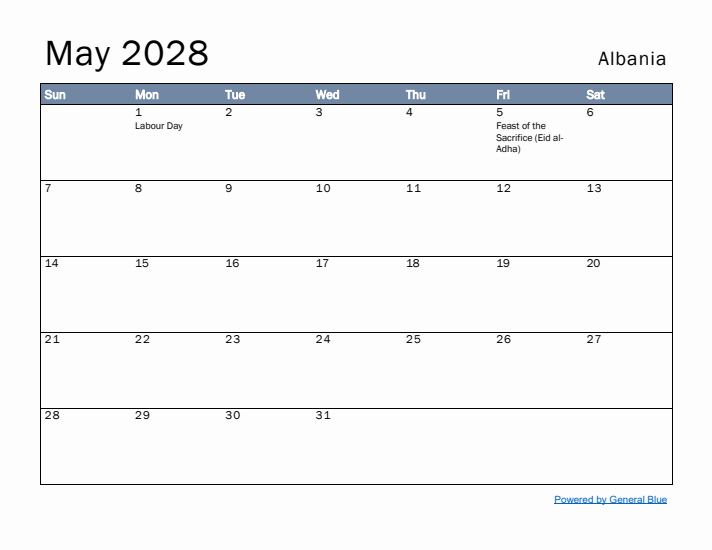 May 2028 Simple Monthly Calendar for Albania