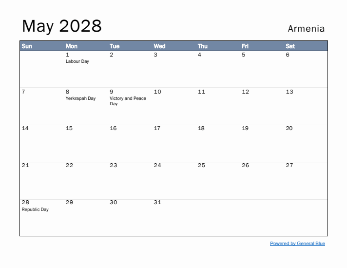 May 2028 Simple Monthly Calendar for Armenia