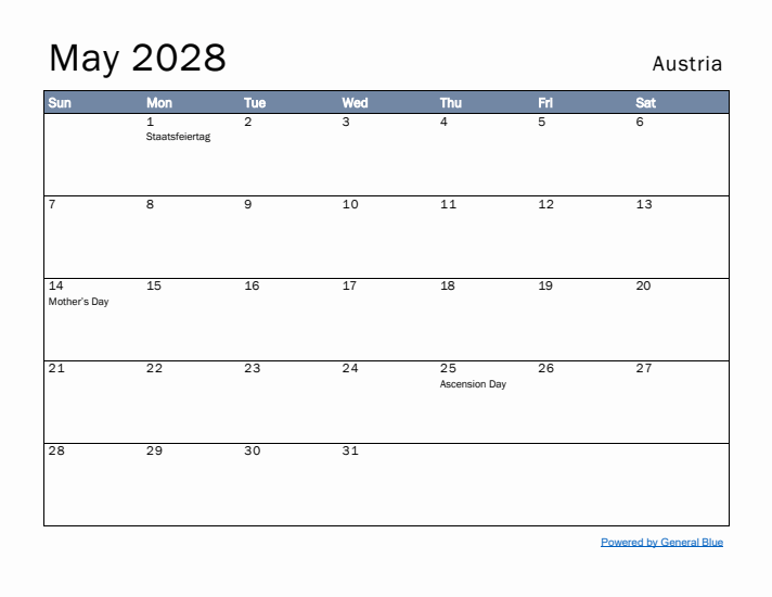 May 2028 Simple Monthly Calendar for Austria