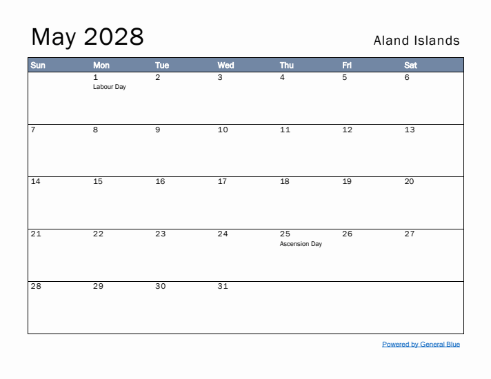 May 2028 Simple Monthly Calendar for Aland Islands