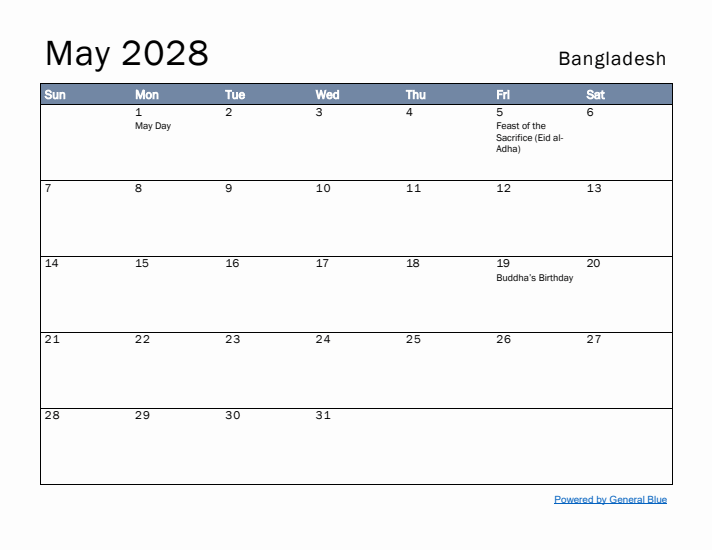 May 2028 Simple Monthly Calendar for Bangladesh