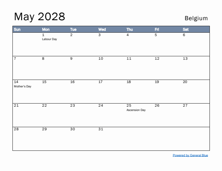 May 2028 Simple Monthly Calendar for Belgium