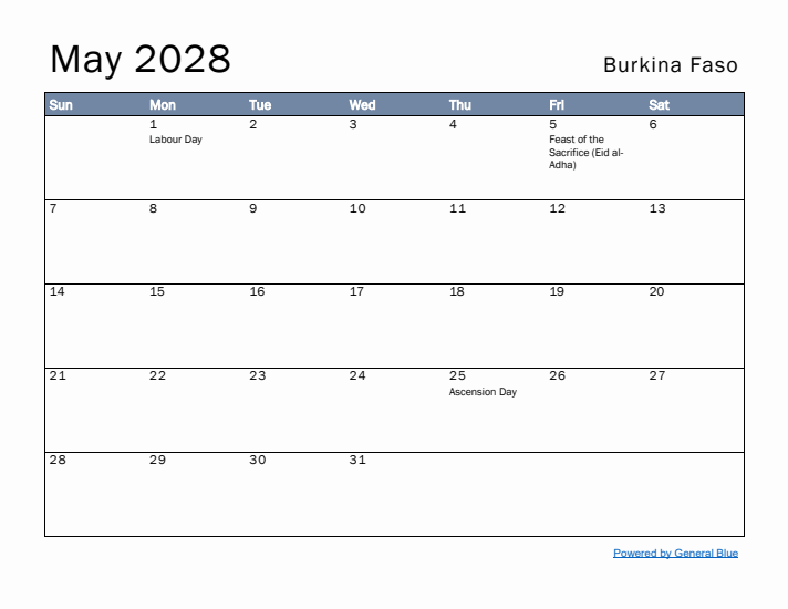 May 2028 Simple Monthly Calendar for Burkina Faso