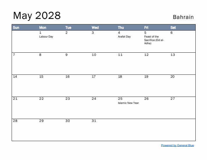 May 2028 Simple Monthly Calendar for Bahrain