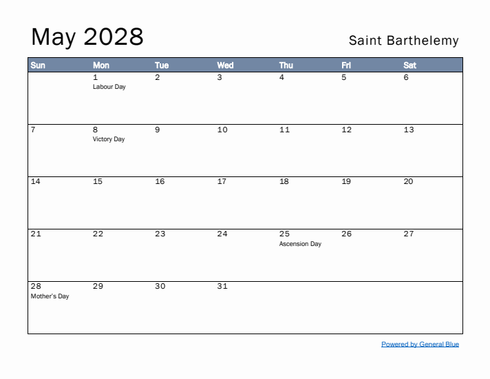 May 2028 Simple Monthly Calendar for Saint Barthelemy