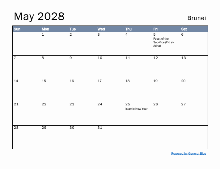 May 2028 Simple Monthly Calendar for Brunei