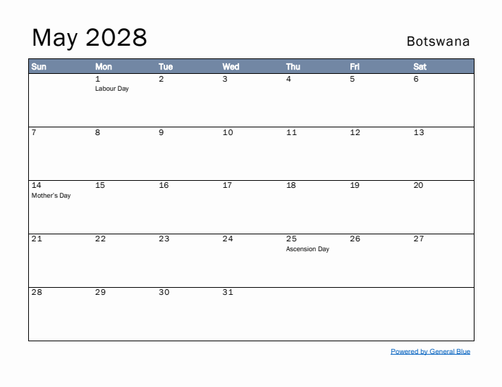 May 2028 Simple Monthly Calendar for Botswana