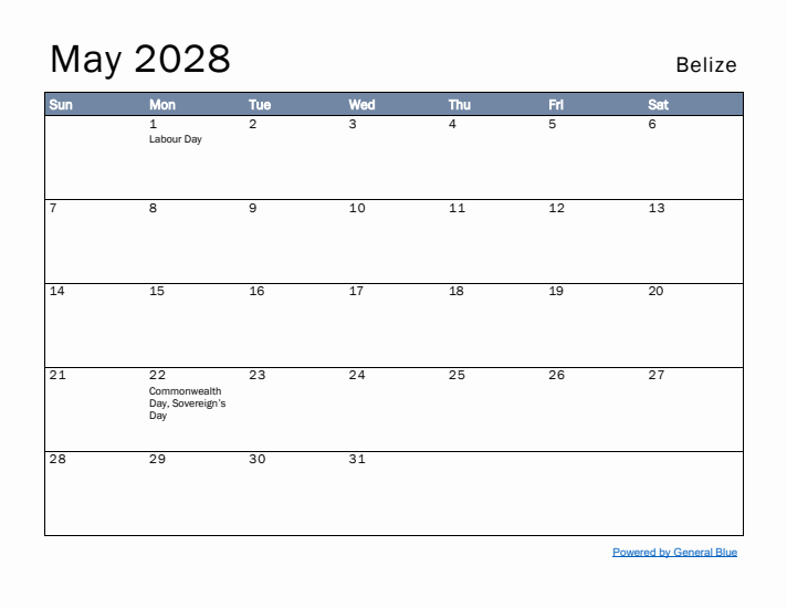 May 2028 Simple Monthly Calendar for Belize