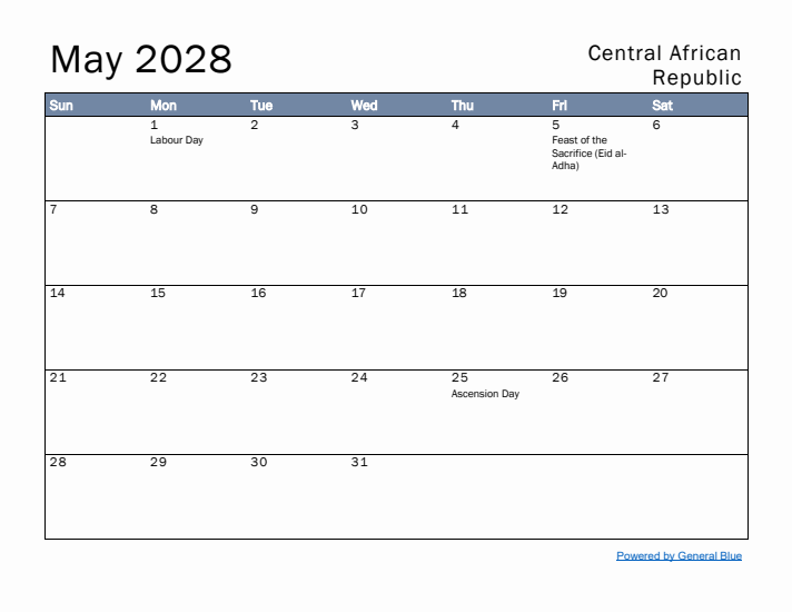 May 2028 Simple Monthly Calendar for Central African Republic