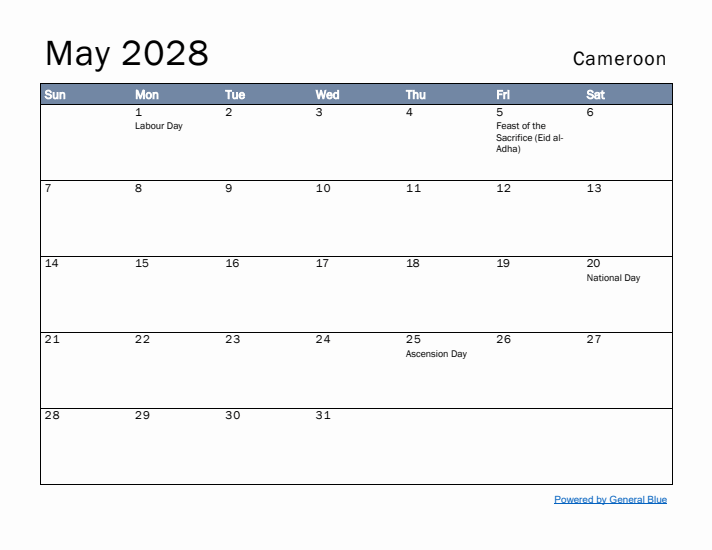 May 2028 Simple Monthly Calendar for Cameroon