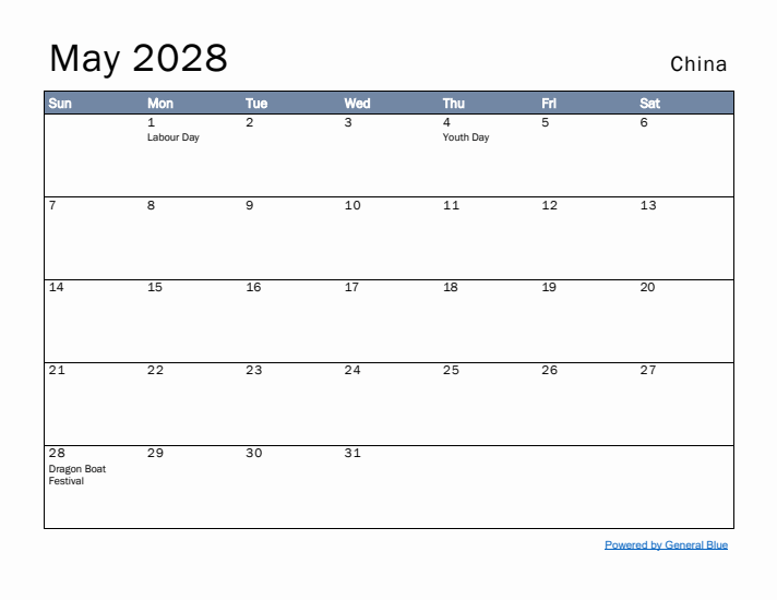 May 2028 Simple Monthly Calendar for China