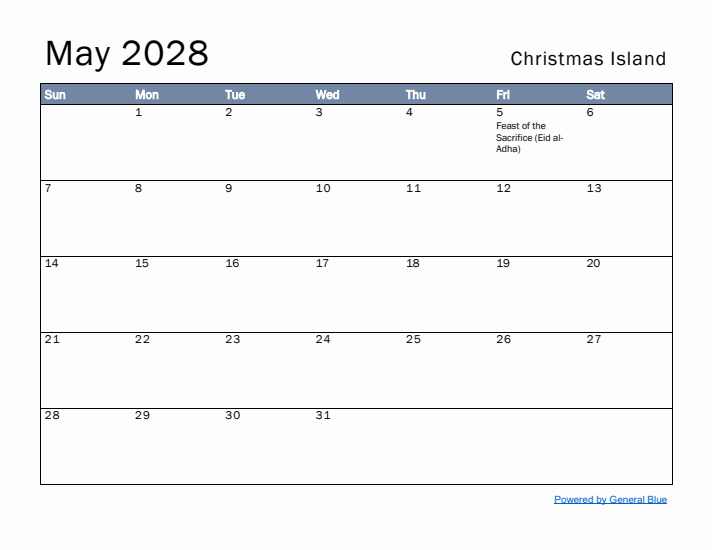 May 2028 Simple Monthly Calendar for Christmas Island