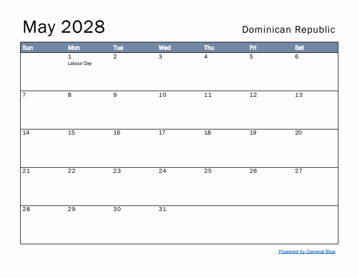 May 2028 Simple Monthly Calendar for Dominican Republic