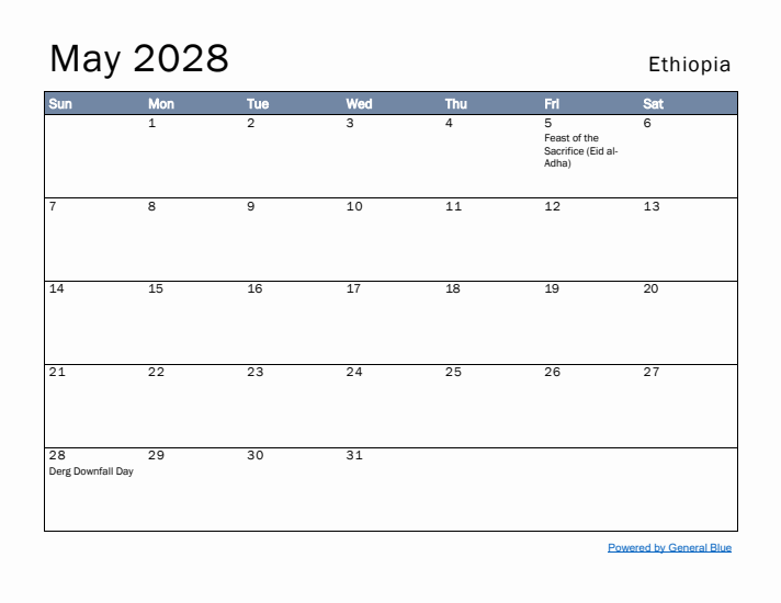 May 2028 Simple Monthly Calendar for Ethiopia