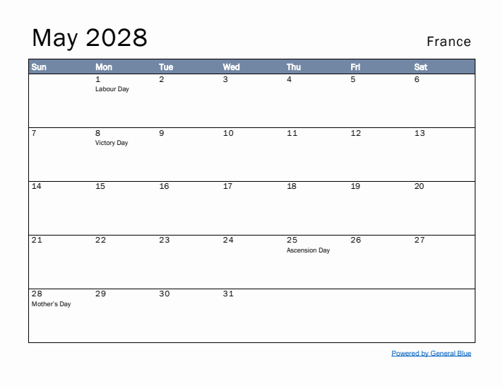 May 2028 Simple Monthly Calendar for France