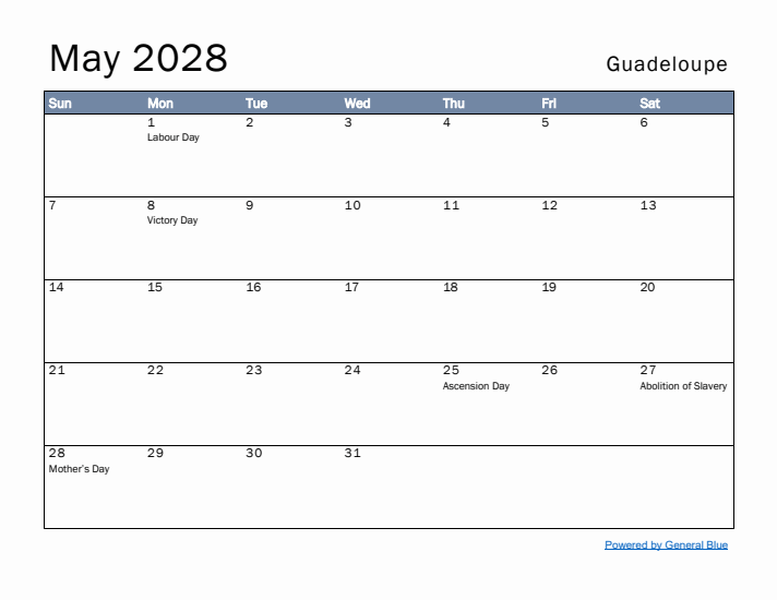 May 2028 Simple Monthly Calendar for Guadeloupe