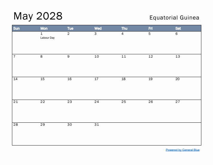 May 2028 Simple Monthly Calendar for Equatorial Guinea