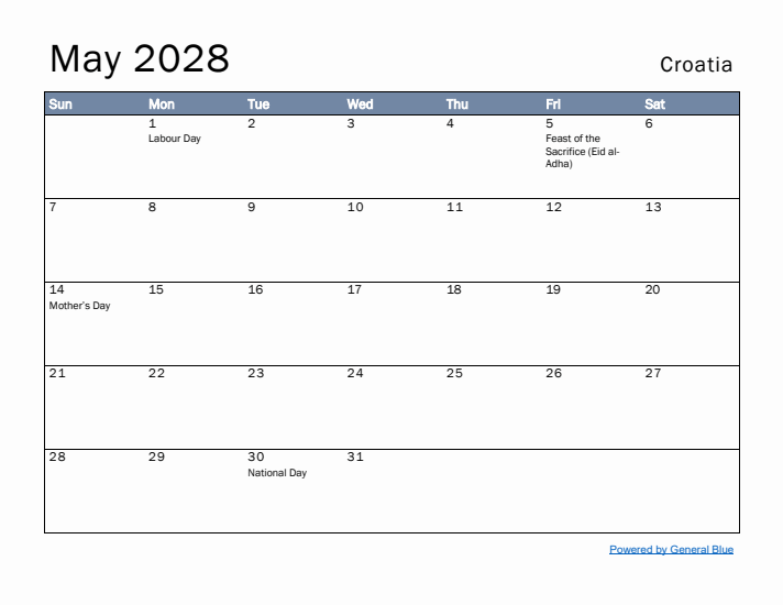 May 2028 Simple Monthly Calendar for Croatia