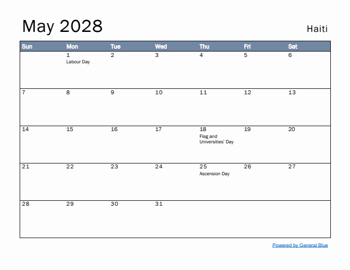 May 2028 Simple Monthly Calendar for Haiti